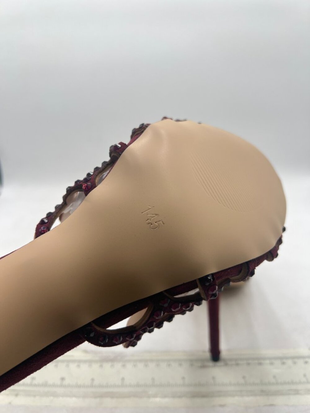 FSJ Burgundy Vegan Suede Rhinestone Open Toe Cutout High Heel Mules - Picture 6 of 8